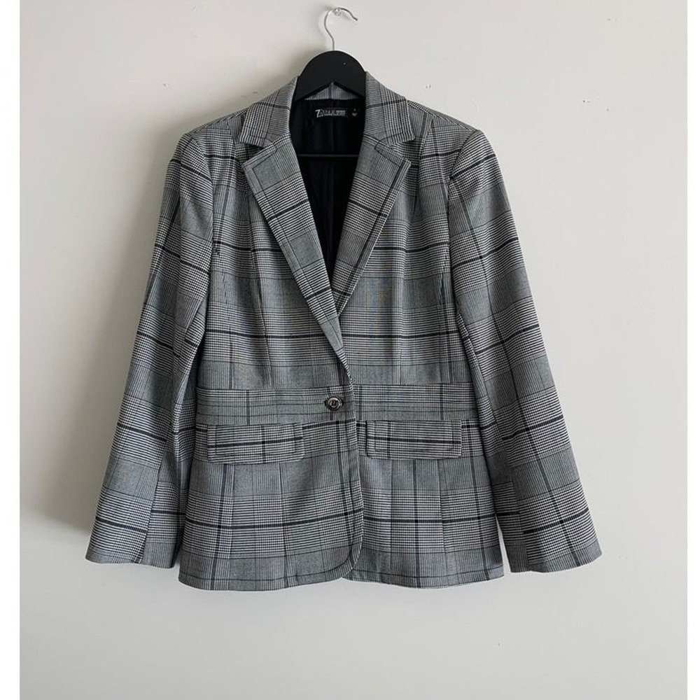 New York & Company 7th Avenue Grey Glen Plaid Single Button Blazer Jacket Size 8